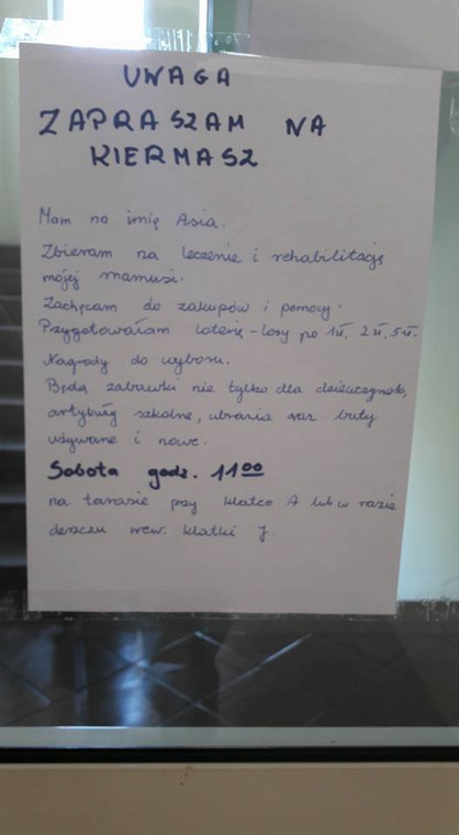 Ogłoszenie rozwieszone w Poznaniu na os. Batorego przez 9-letnią Asię