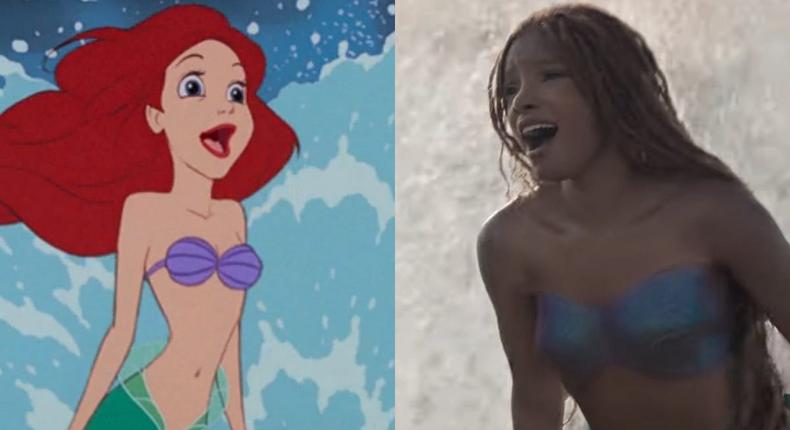On the left: Ariel in the 1989 animated film The Little Mermaid. On the right: Halle Bailey as Ariel in the 2023 live-action film The Little Mermaid.Disney