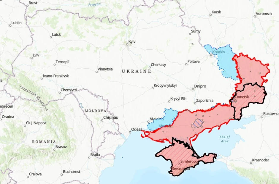 Mapa rata u Ukrajini: Crvenom bojom su obeležene teritorije koje drži Rusija, a plavom teritorije gde se odvijaju ukrajinski protivnapadi