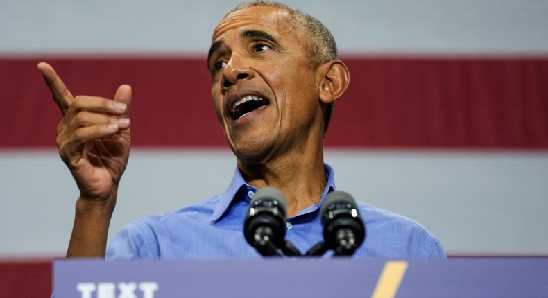 Former President Barack Obama speaks at a campaign stop for Wisconsin Democrats Gov. Tony Evers and then-U.S. Senate candidate Mandela Barnes, Saturday, Oct. 29, 2022, in Milwaukee.Morry Gash/AP