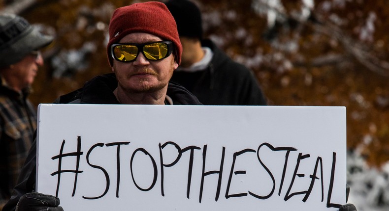 CARSON, NEVADA, UNITED STATES - 2020/11/08: A protester holds a placard saying 'Stop The Steal, Election Fraud' during the demonstration.