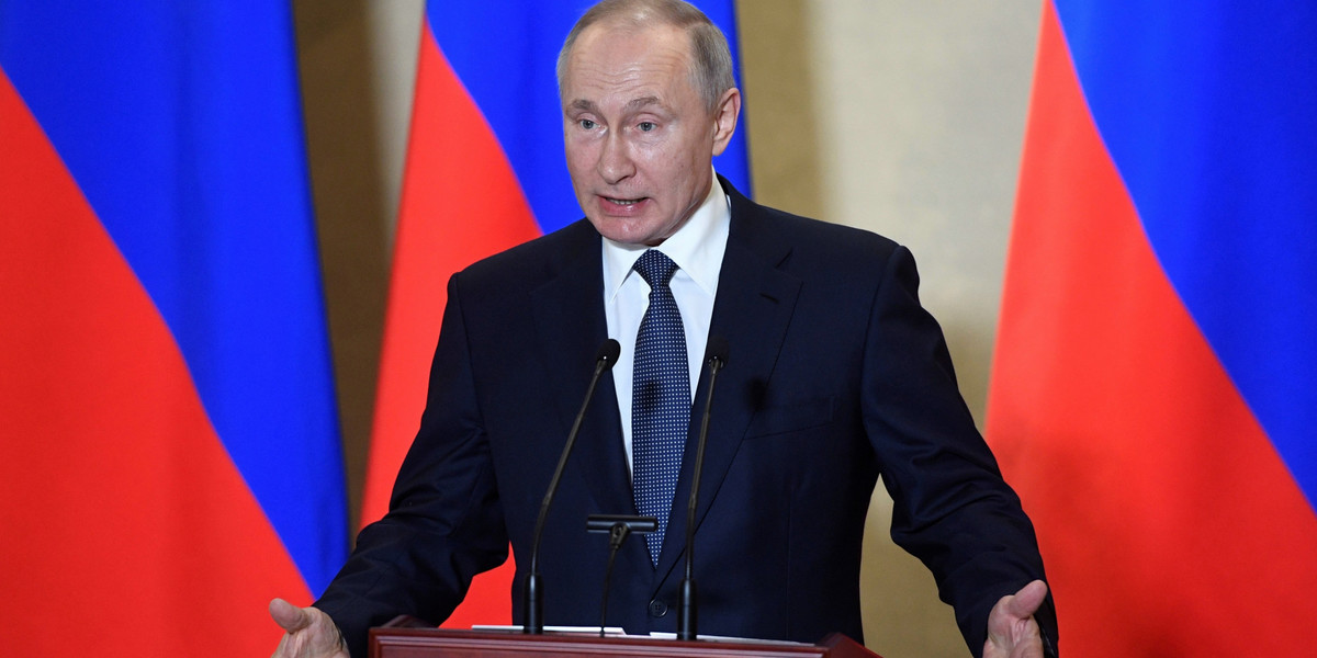 Prezydent Rosji Władimir Putin przemawiający na uroczystości w Sewastopolu na Krymie, 18 marca 2020 roku