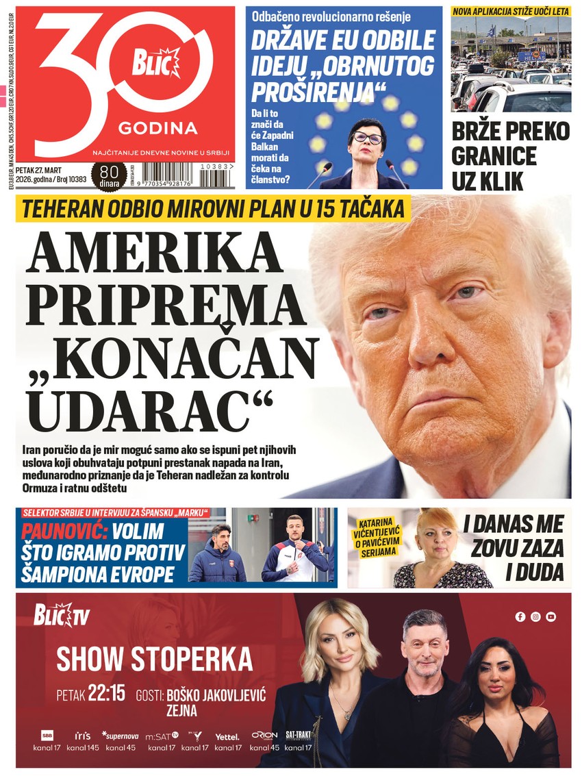 Blic naslovna strana za 27.3.