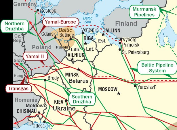 Rurociągi Europy Wschodniej. W lewym dolnym narożniku rurociąg Odessa-Brody, źródło: United States Department of Energy, domen publiczna