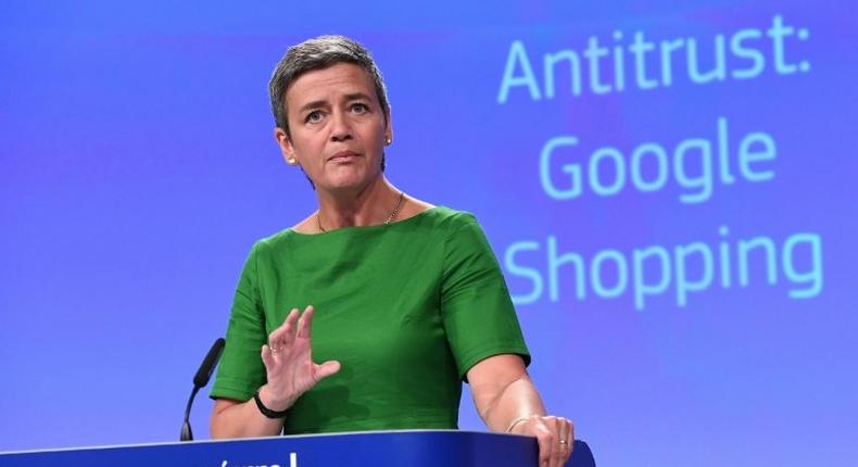 European Commissioner for Competition Margrethe Vestager addresses a press conference on an anti-trust case against US search engine Google at the European Commission in Brussels, on June 27, 2017