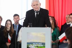 Jarosław Kaczyński na konwencji rolnej PiS w Łysem k. Ostrołęki. 15.04.2023 r.