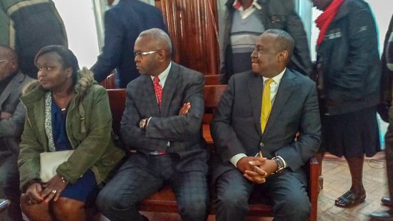 File image of CS Henry Rotich, PS Kamau Thugge and PS Susan Koech who are some of the suspects in the dams scandal at the Milimani law court