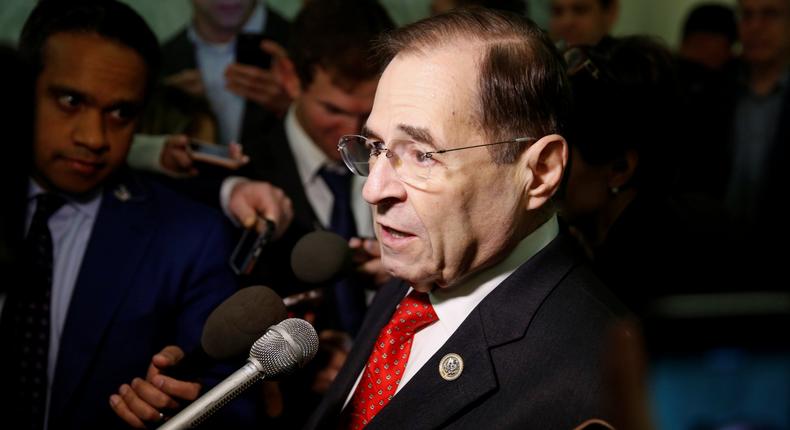 FILE PHOTO - Rep. Jerrold Nadler (D-NY) speaks to the media as he arrives for a private deposition to the House Judiciary and House Government and Oversight committees by former FBI Director James Comey on Capitol Hill in Washington, U.S., December 7, 2018. REUTERS/Joshua Roberts