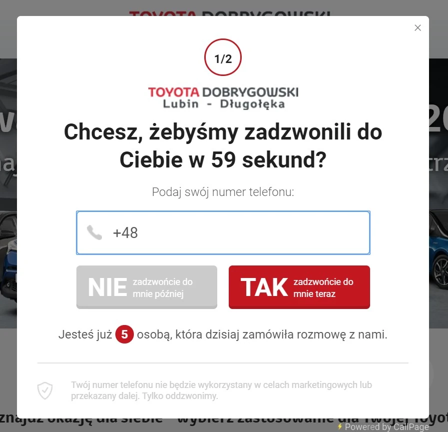 Okienko wtyczki CallPage na stronie internetowej Toyota Dobrygowski