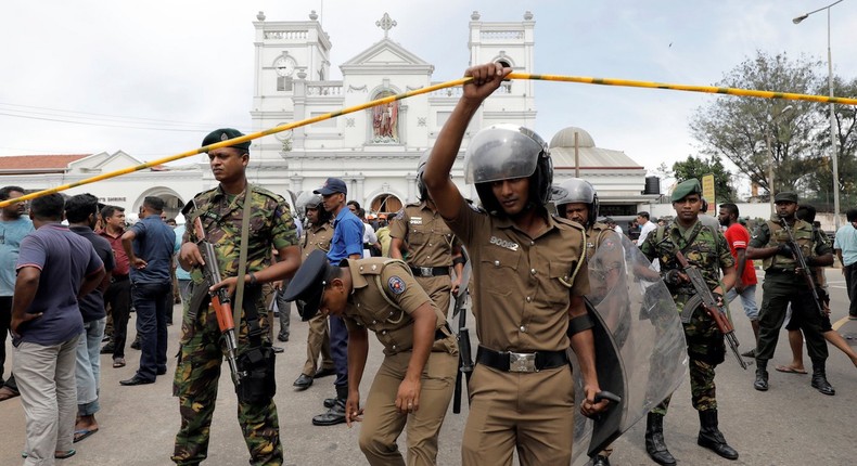 Sri Lankan military officials stand guard in front of the St. Anthony's Shrine, Kochchikade church after an explosion in Colombo, Sri Lanka April 21, 2019. REUTERS/Dinuka Liyanawatte