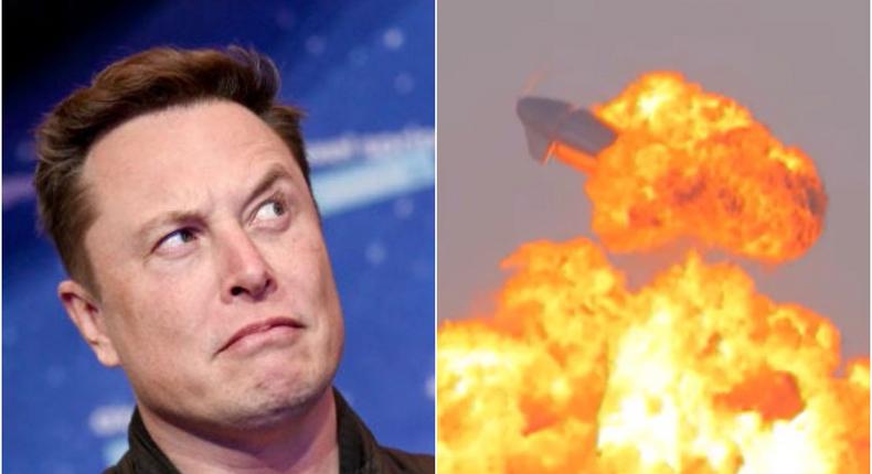 SpaceX CEO Elon Musk (left) said Starship may not reach orbit on its first attempt. That could mean it explodes, like previous Starship prototypes (right).Britta Pedersen-Pool/Getty Images ; SPadre.com