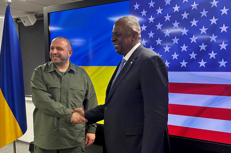 Ukraiński minister obrony Rustem Umerow oraz sekretarz obrony Stanów Zjednoczonych Lloyd Austin w Kijowie, 20 listopada 2023 r.