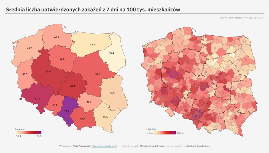 Średnia liczba zakażeń na 100 tys. mieszkańców