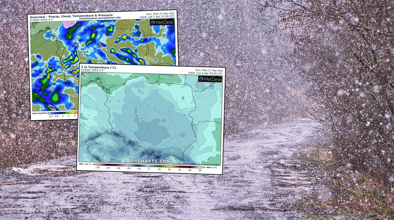 Zima się nie poddaje. Przed nami jeszcze co najmniej dwa ataki mrozu i śniegu (mapa: wxcharts.com)