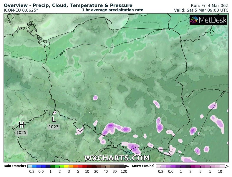 W sobotę śnieg będzie padał głównie na południu