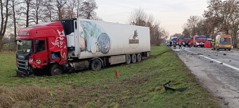 Tragedia w województwie łódzkim. Czołowe zderzenie renault z ciężarówką. Przynajmniej jedna osoba nie żyje