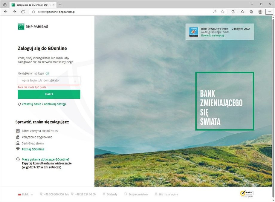 Fałszywa strona podszywająca się pod Bank BNP PARIBAS.