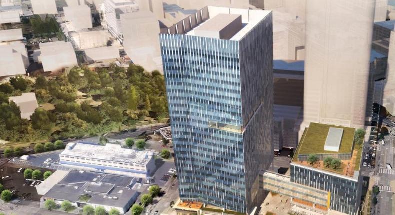 A rendering of the Amazon's new Seattle office building (right) that the company will share with a homeless shelter facility.