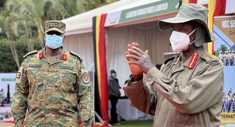 President Yoweri Museveni and Gen Muhoozi Kainerugaba at the Defense Expo in Kampala on Tuesday