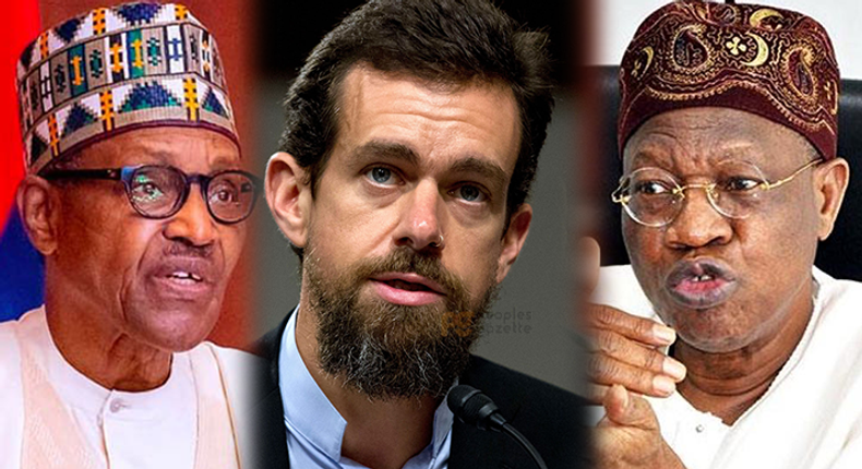 From L-R: President Muhammadu Buhari, Jack Dorsey and the Minister of Information and Culture, Alhaji Lai Mohammed.  (PG)