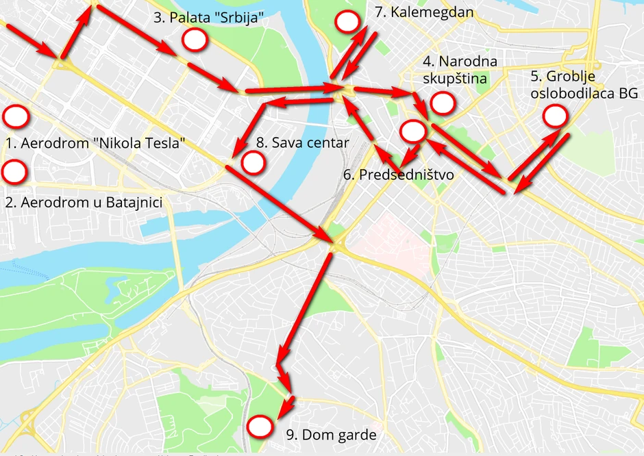 Lokacije koje će posetiti Medvedev i potencijalne trase