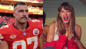 Travis Kelce, left, and Taylor Swift, right, at Arrowhead Stadium.Denny Medley/USA Today Sports via Reuters; Jason Hanna/Getty Images;