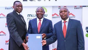 Dr James Mwangi, Equity Group Managing Director and CEO (centre), William Rahedi, Spire Bank Board Chairman (right) and Joel Gachari, Mwalimu National Sacco National Chairman (right) during the partnership signing ceremony