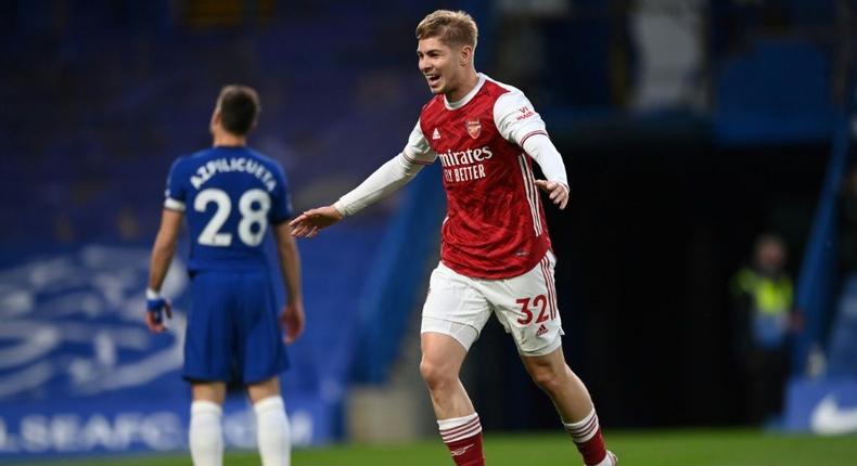 Arsenal midfielder Emile Smith Rowe celebrates scoring at Chelsea Creator: Shaun Botterill