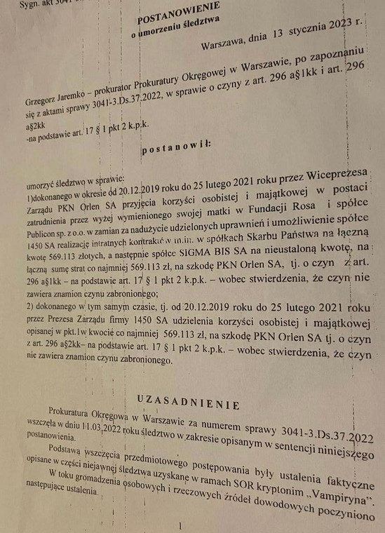 Decyzja o umorzeniu jedynego śledztwa wszczętego po operacji CBA "Vampiryna"