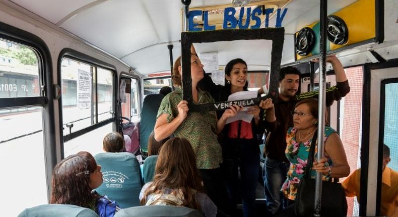 A group of young Venezuelan reporters board buses to present the news, as part of a project to keep people informed in the face of what the opposition and the national journalists' union describe as censorship by the government of Nicolas Maduro