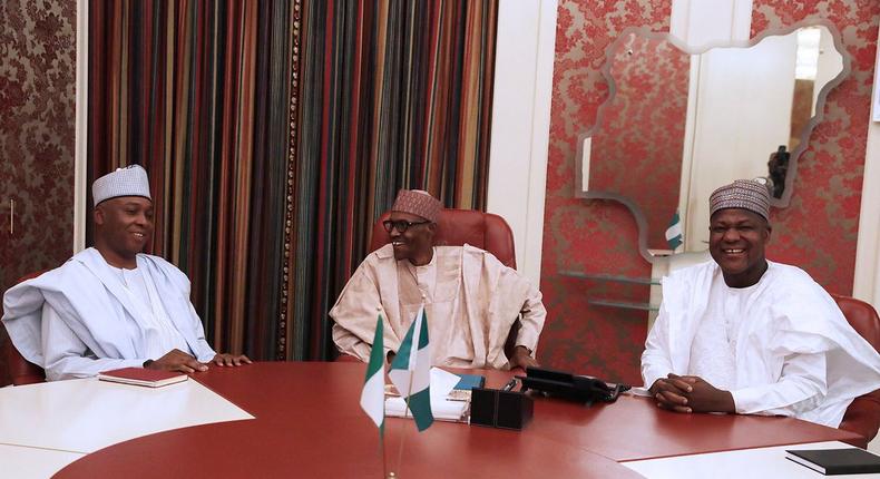 President Muhammadu Buhari meets with Senate President, Bukola Saraki and House of Representatives Speaker, Yakubu Dogara at the Presidential Villa on Tuesday, March 14, 2017.