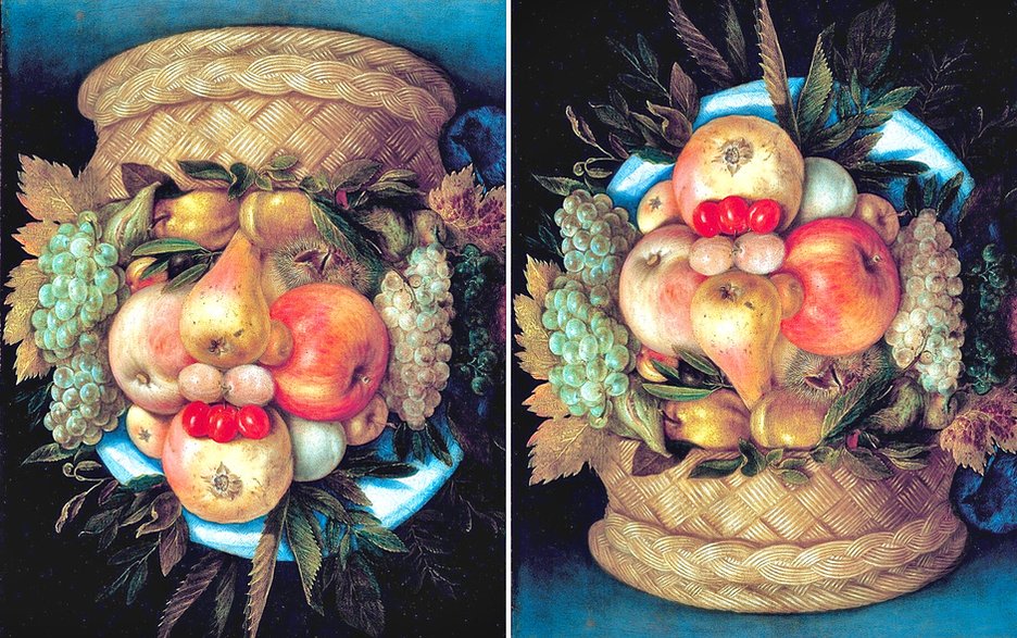 Arcimboldo najpierw malował obrazy jako martwą naturę, a następnie obracał je, aby ukazywały twarze.