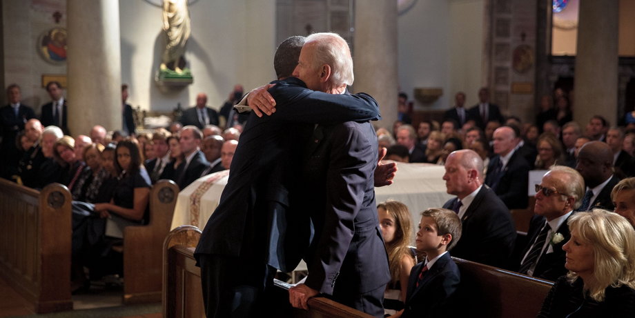Obama hugs Biden after delivering the eulogy in honor of Biden's son, former Delaware Attorney General Beau Biden.