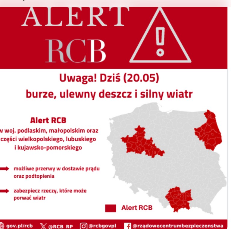 Alert RCB dla 6 województw. Burze, ulewny deszcz i silny wiatr