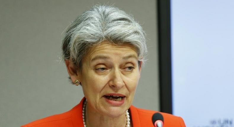 Director-General of the UN Educational, Scientific and Cultural Organization (UNESCO), Irina Bokova speaks during a press conference in New York on September 20, 2016