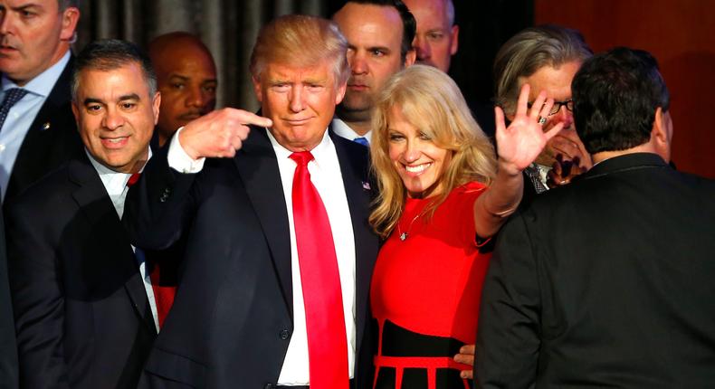 Donald Trump gestures to Kellyanne Conway after addressing his supporters and celebrating his Presidential win at his election night event at the New York Hilton Midtown in New York City on Nov. 9, 2016.
