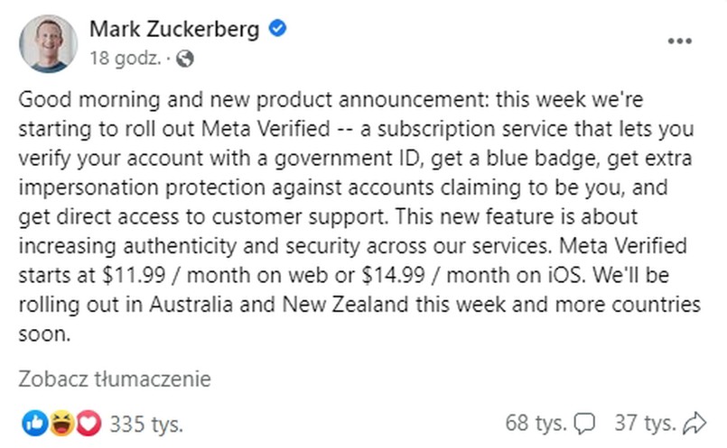 Wpis Marka Zuckerberga