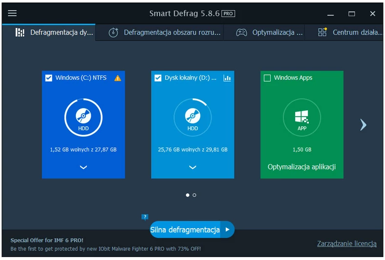 Główne okno programu do defragmentacji dysku twardego - IObit Smart Defrag Pro