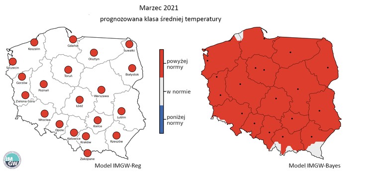 Prognozowana klasa średniej miesięcznej temperatury powietrza w marcu 2021 r. według modelu IMGW-Reg i IMGW-Bayes