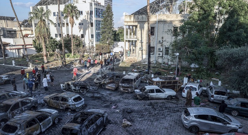 A view of the surroundings of Al-Ahli Baptist Hospital after it was hit in Gaza City, Gaza on October 18, 2023.Ali Jadallah/Anadolu via Getty Images