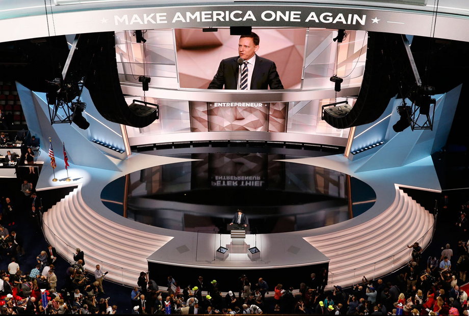 Thiel stole the show at the Republican National Convention. Note the banner: "Make America One Again."