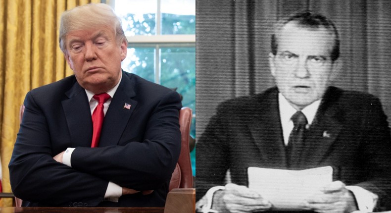 Former Republican Presidents Donald Trump and Richard Nixon in the Oval Office.