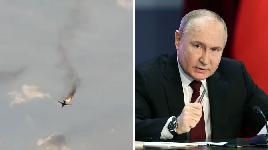 Prezydent Rosji Władimir Putin w Moskwie, 2 kwietnia 2024 r.; Zestrzelony rosyjski bombowiec TU-22M3 w rejonie Stawropola, 19 kwietnia 2024 r. (zdjęcie ilustracyjne. źródło: t.me/ZOV_Voevoda)