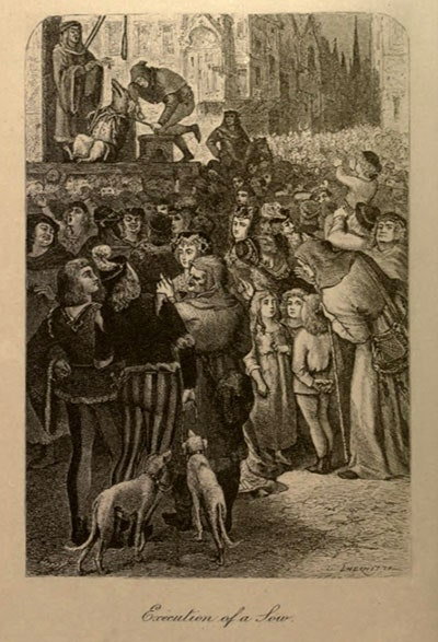 Rycina przedstawiająca wykonanie kary śmierci na świni