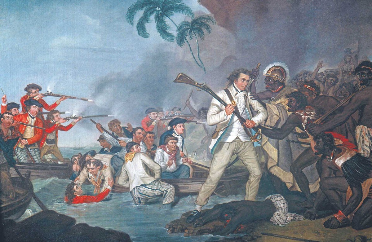 Śmierć kapitana Jamesa Cooka w 1779 r. w zatoce Kealakekua na Hawajach. Olej na płótnie autorstwa George'a Cartera, 1783 r.