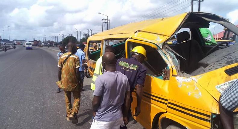 The danfo bus involved in the accident at Odo-Olowu, Apapa-Oshodi Expressway on April 30, 2021 [LASEMA]