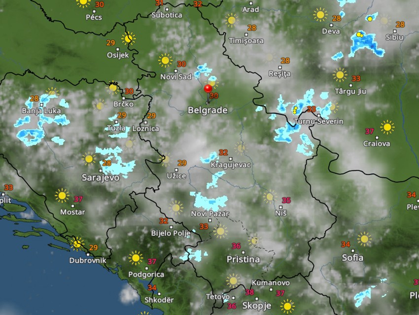 Kretanje padavina u Srbiji u 14 časova