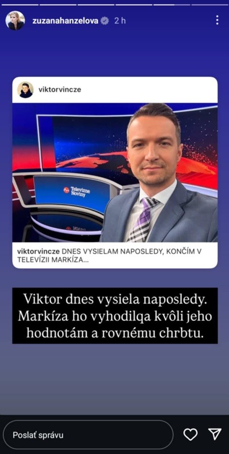 Zuzana Hanzelová zareagovala na odchod Viktora Vinczeho z TV Markíza.