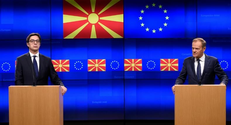 European Council President Donald Tusk (R) told a press conference with North Macedonia President Stevo Pendarovski the Balkan state and Albania had done everything that was expected to move their EU bids forward