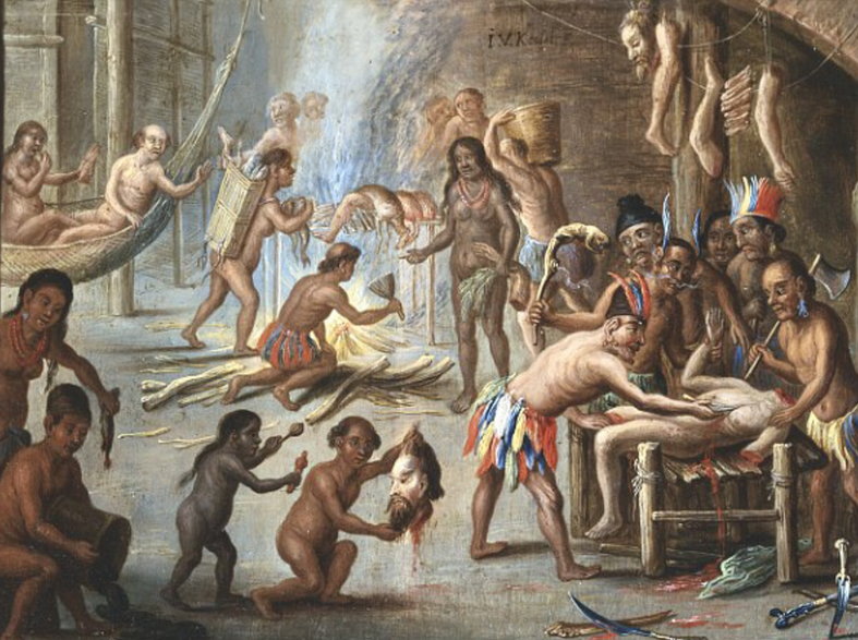Obraz Jana van Kessela z 1670 r. pt. „Indianie jako kanibale”. Podczas gdy Europejczycy postrzegali inne kultury - jako dzikich kanibali, podobne praktyki miały miejsce na starym kontynencie